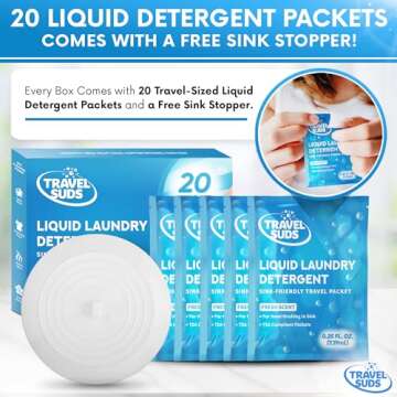 TravelSuds Laundry Detergent Sink Packets (20 pack) | Travel Laundry Detergent for Hand Washing in the Sink, Includes Free Sink Stopper | Pack of 20