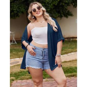 IN'VOLAND Plus Size Women's Open Front Cardigan Lightweight Loose Casual Beach Cover Up Short Sleeve...