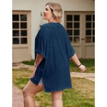 IN'VOLAND Plus Size Women's Open Front Cardigan Lightweight Loose Casual Beach Cover Up Short Sleeve Swimsuit Coverup Navy Blue