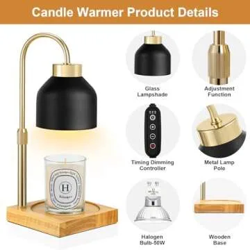 Holampco Candle Warmer Lamp, Adjustable Height Candle Lamp Warmer with Timer, Electric Dimmable Wax Melt Warmer for Jar Candles with 2 Bulbs, Gifts for Mom, Bedroom Home Decor Aesthetic (Black)