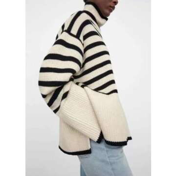 Women's Striped Knitted Sweater Casual Style Loose Sweater (Apricot,M)