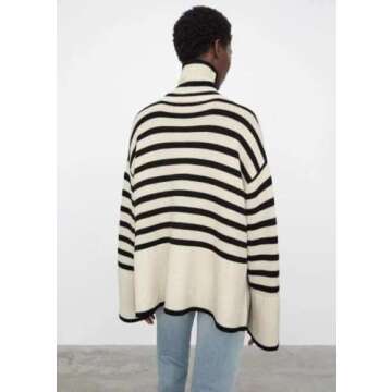 Women's Striped Knitted Sweater Casual Style Loose Sweater (Apricot,M)
