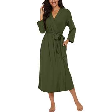VINTATRE Women Kimono Robes Long Knit Bathrobe Lightweight Soft Knit Sleepwear V-neck Casual Ladies Loungewear Army Green-Medium
