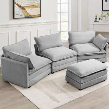 ROWHY Oversized Modular Sectional Sofa with Movable Ottoman, 112 Inch 4 Seat Modern Corduroy Sofa Set, Convertible L Shaped Couch for Living Room and Office, Light Grey