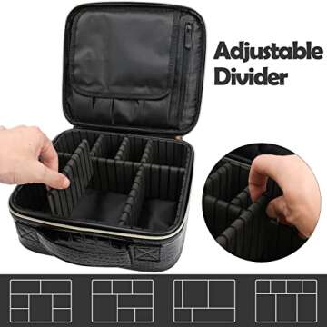 MejorChoy PU Leather Makeup travel organizer Crocodile Makeup Bag Portable Artist Storage Bag with Adjustable Dividers, Black