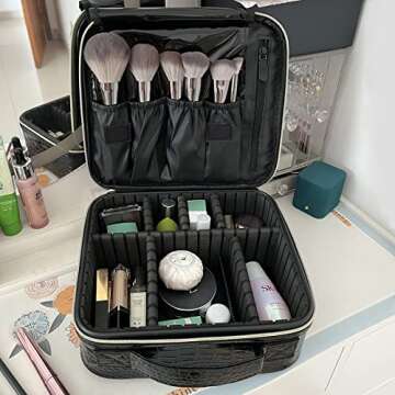 MejorChoy PU Leather Makeup travel organizer Crocodile Makeup Bag Portable Artist Storage Bag with Adjustable Dividers, Black