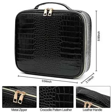 MejorChoy PU Leather Makeup travel organizer Crocodile Makeup Bag Portable Artist Storage Bag with Adjustable Dividers, Black