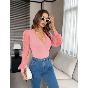 Fayenne Sexy Tops for Women Deep V Neck Cross Wrap Going Out Tops Date Night Outfits Mesh Polka Dot Long Sleeve T Shirt