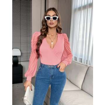 Fayenne Sexy Tops for Women Deep V Neck Cross Wrap Going Out Tops Date Night Outfits Mesh Polka Dot Long Sleeve T Shirt