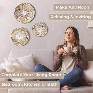 NAYOMI Handmade Wall Basket Decor Set of 3 for Boho Decor - Easy to Install Rattan Wall Decor Wall Hanging Baskets. Boho bedroom decor woven wall decor. Decorative wall basket for boho wall decor