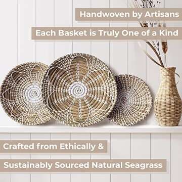 NAYOMI Handmade Wall Basket Decor Set of 3 for Boho Decor - Easy to Install Rattan Wall Decor Wall Hanging Baskets. Boho bedroom decor woven wall decor. Decorative wall basket for boho wall decor