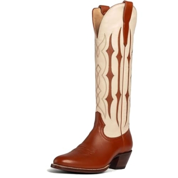 epiluta Cowgirl Boots Women Knee High Boot Leisure Western Style with Stripe Embroidery Round Head F...