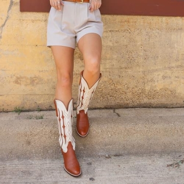 epiluta Cowgirl Boots Women Knee High with Stripe Embroidery