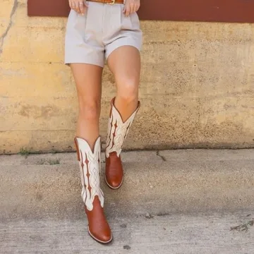 epiluta Cowgirl Boots Women Knee High with Stripe Embroidery