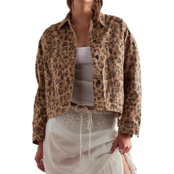 D-Sun Women Casual Denim Jacket Oversized Leopard Stars Printed Boyfriend Vintage Jean Jacket Coat w...