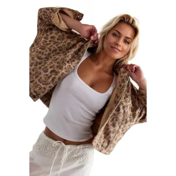 D-Sun Women Casual Denim Jacket Oversized Leopard Stars Printed Boyfriend Vintage Jean Jacket Coat with Pockets