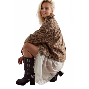 D-Sun Women Casual Denim Jacket Oversized Leopard Stars Printed Boyfriend Vintage Jean Jacket Coat with Pockets