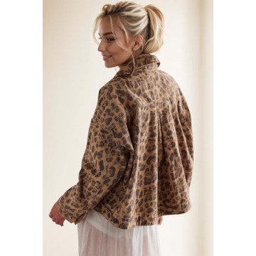 D-Sun Women Casual Denim Jacket Oversized Leopard Stars Printed Boyfriend Vintage Jean Jacket Coat with Pockets