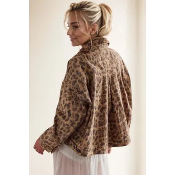 D-Sun Women Casual Denim Jacket Oversized Leopard Stars Printed Boyfriend Vintage Jean Jacket Coat with Pockets