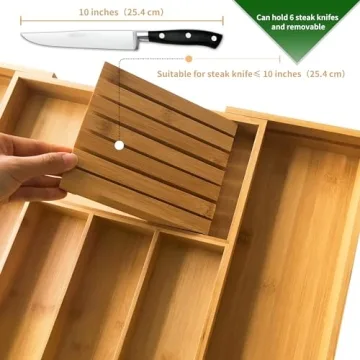 VaeFae Expandable Bamboo Drawer Organizer with Knife Block