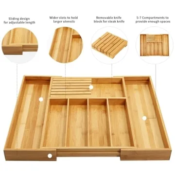 VaeFae Expandable Bamboo Drawer Organizer with Knife Block
