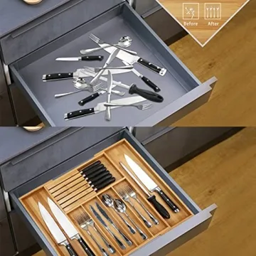 VaeFae Expandable Bamboo Drawer Organizer with Knife Block