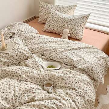 Aesthetic Floral Duvet Cover Twin Cozy Cotton Bedding Set Twin Shabby Chic Green Botanical French Style Duvet Cover Set Off White Comforter Cover with Fresh Flower Pattern, Breathable, Lightweight