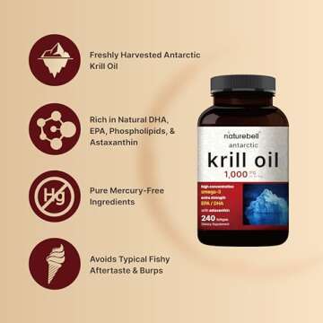 NatureBell Antarctic Krill Oil 1000mg Supplement, 240 Softgels, Natural Source of Omega-3s, EPA, DHA and Astaxanthin - No Aftertaste - Support Heart Health, Mercury Free & Non-GMO