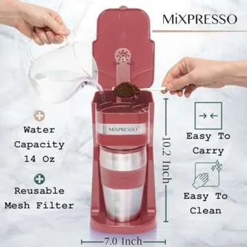 Mixpresso Personal Single-Serve Coffee Maker & 14oz Travel Mug, Drip Small Coffee Maker & Tumbler, Auto Shut Off & Reusable Filter, Red Coffee Maker Compatible with Coffee Grounds