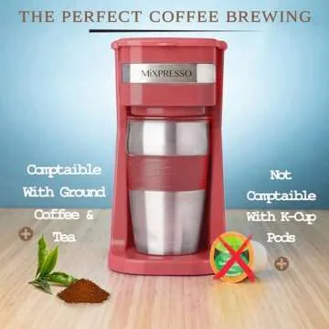 Mixpresso Personal Single-Serve Coffee Maker & 14oz Travel Mug, Drip Small Coffee Maker & Tumbler, Auto Shut Off & Reusable Filter, Red Coffee Maker Compatible with Coffee Grounds