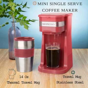 Mixpresso Personal Single-Serve Coffee Maker & 14oz Travel Mug, Drip Small Coffee Maker & Tumbler, Auto Shut Off & Reusable Filter, Red Coffee Maker Compatible with Coffee Grounds