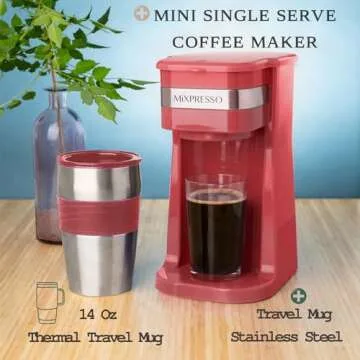 Mixpresso Personal Single-Serve Coffee Maker & 14oz Travel Mug, Drip Small Coffee Maker & Tumbler, Auto Shut Off & Reusable Filter, Red Coffee Maker Compatible with Coffee Grounds