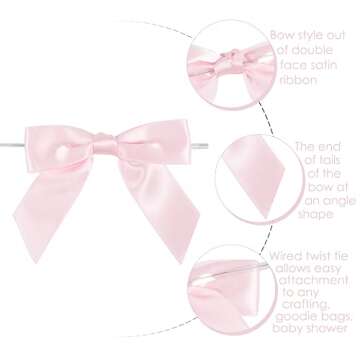 AIMUDI 6 Colors Pastel Ribbon Bows for Easter' Day Decorations 3.5" Satin Twist Tie Bows for Treat Bags Premade Bows for Crafts, Wedding Decorations, Baby Shower, Gift Wrapping, Spring- 60 Counts