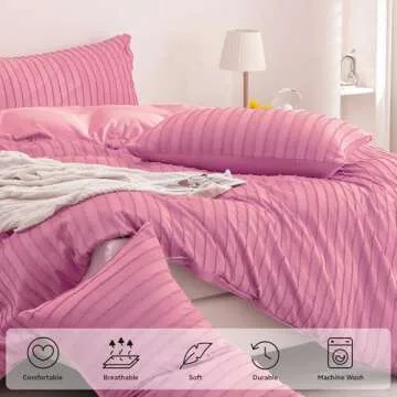 JELLYMONI Barbie Pink Duvet Cover King Size - 3PCS Microfiber Tufted Duvet Cover Set, Boho Striped Tufted Textured Duvet Cover with Corner Ties & Zipper Closure