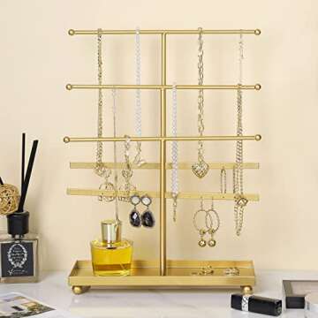 MyGift 5-Tier Gold Tabletop Metal Jewelry Necklace, Bracelet, Earring, Organizer with Ring Tray