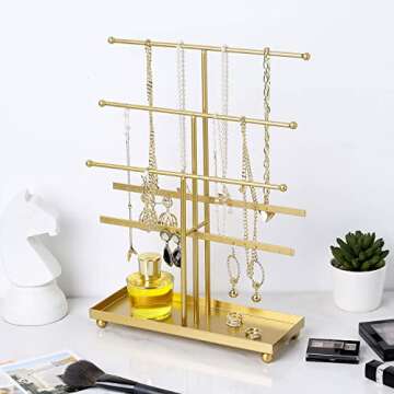 MyGift 5-Tier Gold Tabletop Metal Jewelry Necklace, Bracelet, Earring, Organizer with Ring Tray