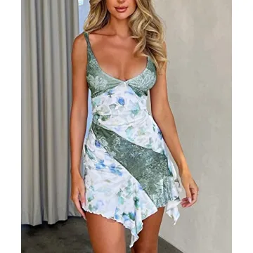 Women Sexy Floral Cami Mini Dress Backless Spaghetti Strap