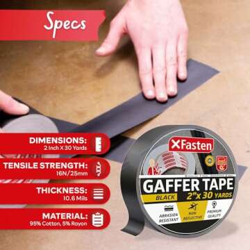 XFasten Black Gaffers Tape 2 Inch x 30 Yards (90 Feet) Residue-Free Matte Black Gaffer Tape 2 Inch N...