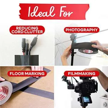 XFasten Black Gaffers Tape 2 Inch x 30 Yards (90 Feet) Residue-Free Matte Black Gaffer Tape 2 Inch Non-Reflective Easy-to-Tear Black Gaff Tape 2 Inch Floor Tape for Electrical Cords