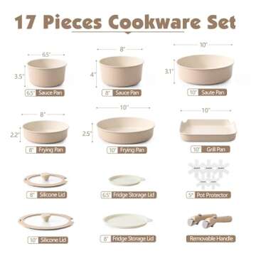 SENSARTE 17 Piece Ceramic Cookware Set - Nonstick, Removable Handles