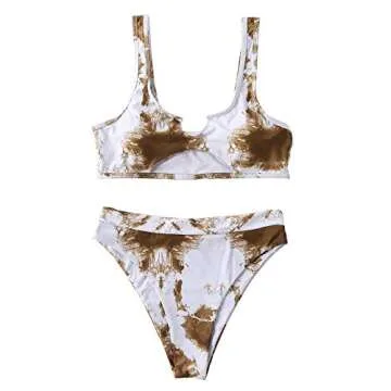 OMKAGI Cute Cutout Swimsuit for Women Sexy Two Piece High Waisted Bikini Bottom(L,Brown-3913)