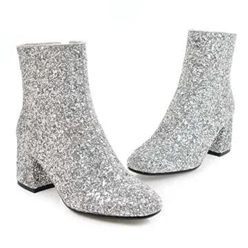 MissHeel Sparkle Boots Womens Satin Heels with Rhinestone Booties Chunky Heel Bling Evening Boots Gl...
