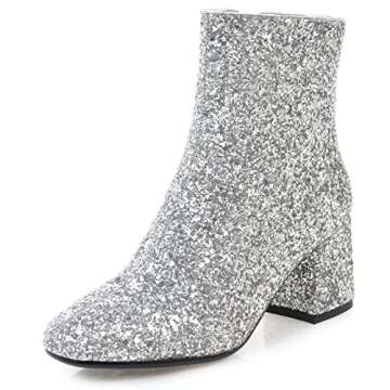 MissHeel Sparkle Boots Womens Satin Heels with Rhinestone Booties Chunky Heel Bling Evening Boots Glitter High Heel New Year Shoes Silver Size 9