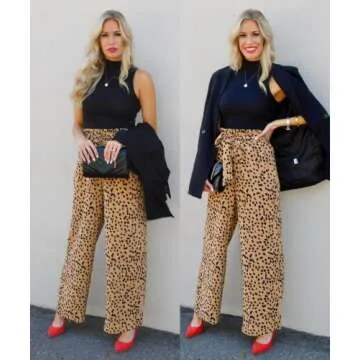 SySea Womens High Waisted Leopard Print Palazzo Pants Belted Wide Leg Long Trousers with Pockets (Medium, 1-Khaki (Navy DOTS))