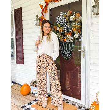 SySea Womens High Waisted Leopard Print Palazzo Pants Belted Wide Leg Long Trousers with Pockets (Medium, 1-Khaki (Navy DOTS))
