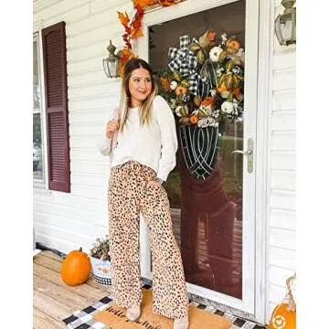 SySea Womens High Waisted Leopard Print Palazzo Pants Belted Wide Leg Long Trousers with Pockets (Medium, 1-Khaki (Navy DOTS))
