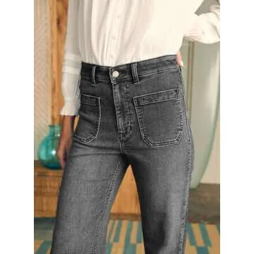 Astylish Wide Leg Jeans for Women Trendy High Waisted Straight Jeans Loose Denim Pants Stretchy Buttoned Baggy with Patch Pockets Size 8 Gray