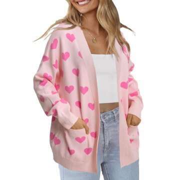Heart Cardigan Sweater for Women Oversized Valentine Cardigan Cute Love Print Open Front Knit Sweaters Coat with Pockets Pink
