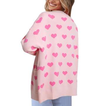 Heart Cardigan Sweater for Women Oversized Valentine Cardigan Cute Love Print Open Front Knit Sweaters Coat with Pockets Pink