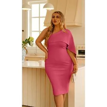 GOBLES Women's Summer Sexy One Shoulder Ruffle Bodycon Midi Cocktail Dress Rose